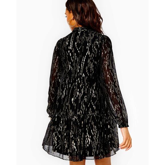 Lilly Pulitzer Winona Silk Swing Dress - Onyx Fish Clip Gold Chiffon XS NWT - Picture 2 of 6